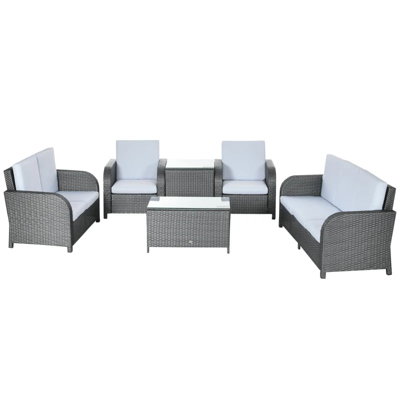 Grey 7 Seater Rattan Furniture Set with Wicker Sofa, Reclining Armchair and Glass Table