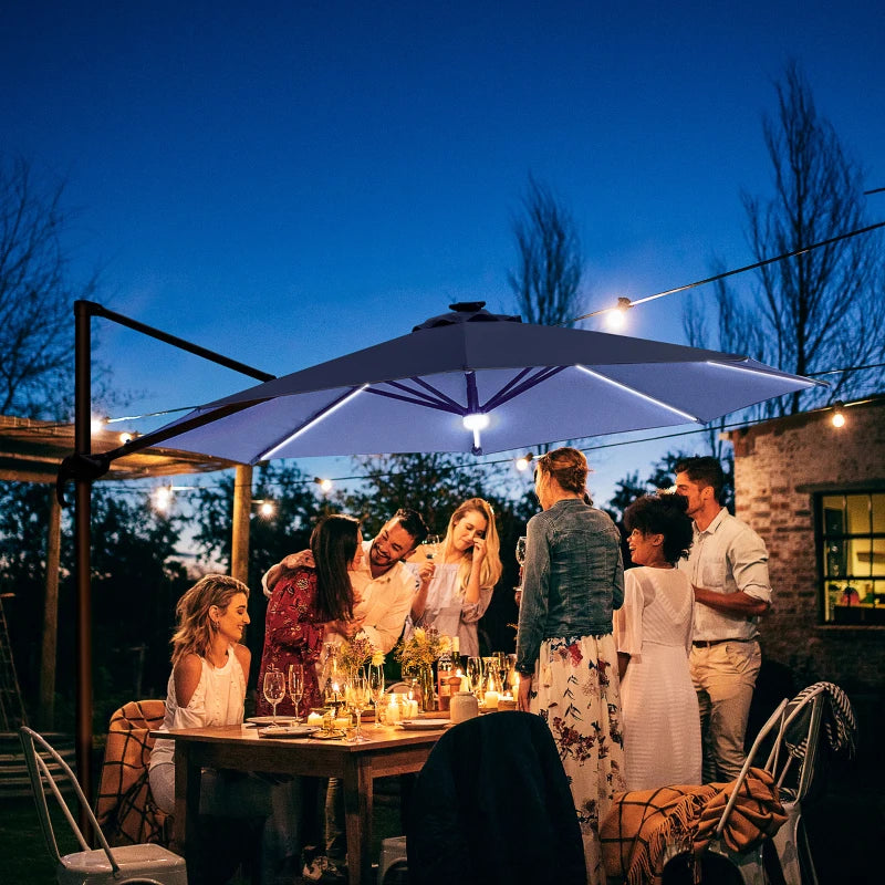 Blue 3m Cantilever Parasol With LED Lights & Aluminium Frame