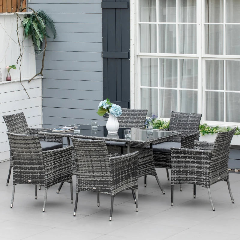 7 Piece Rattan Dining Set With Armchairs & Glass Top Table