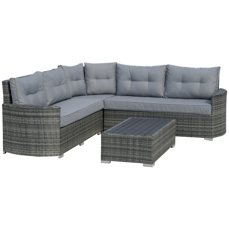 Grey 4 Seater Rattan Corner Sofa Set With Padded Cushions & Topper Coffee Table