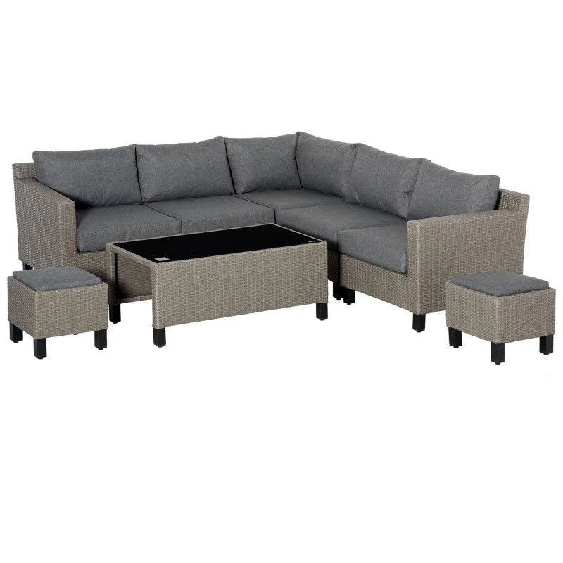 8 Piece Grey Rattan Sofa Set With Tempered Glass Coffee Table & Cushions