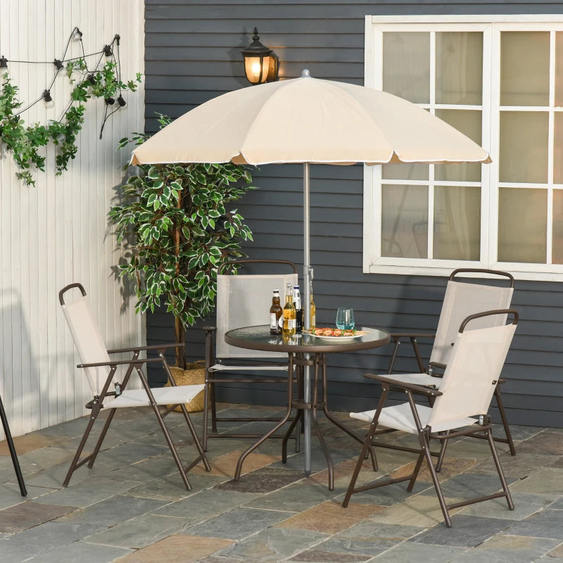 Cream 6 Piece Dining Set With Foldable Chairs & Parasol