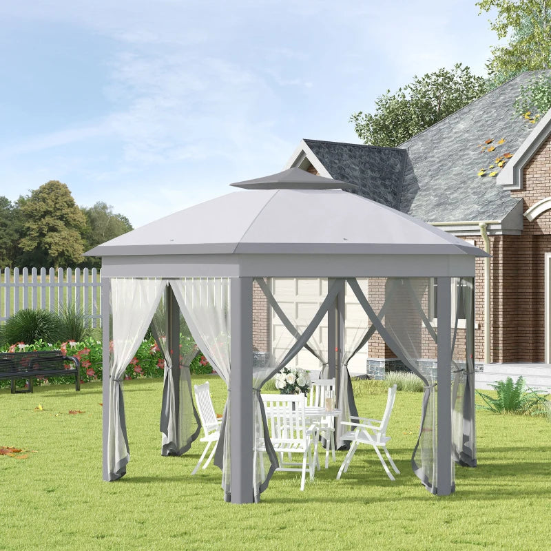 Grey Hexagon Pop Up Gazebo With Double Roof and Netting