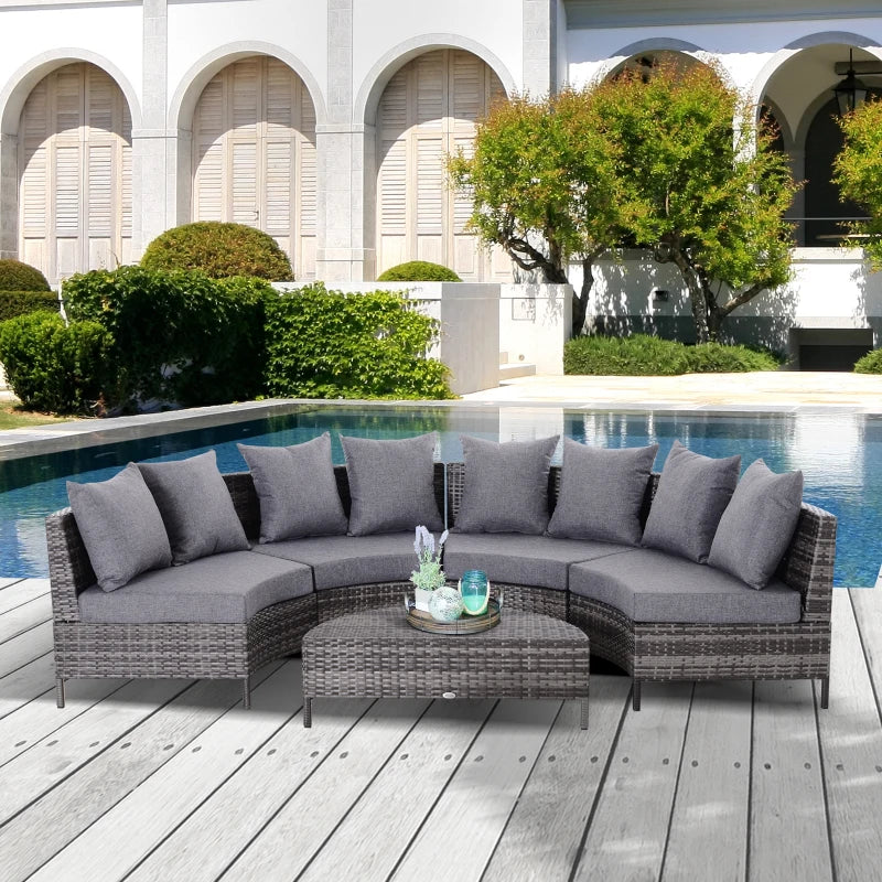 Grey4 Seater Half Round Rattan Sofa Set With Table