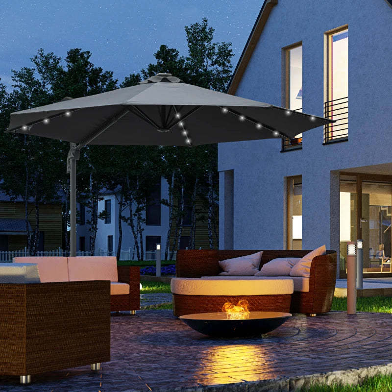 3m x 2.45m Dark Grey Roma Parasol With Crank & Tilt + LED Solar Lights