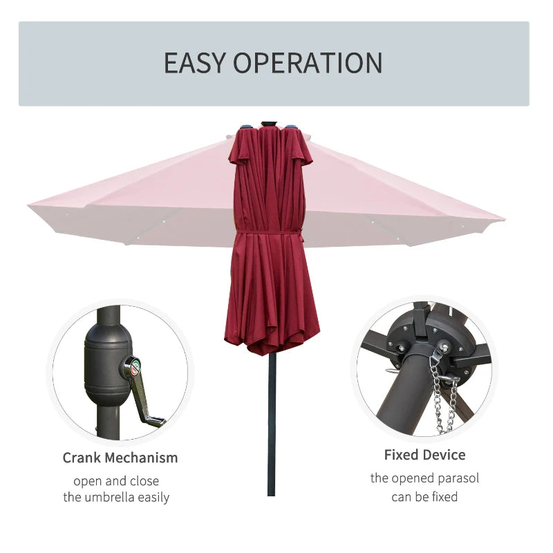 4.4m Double-Sided Sun Parasol With LED Solar Lights - Red