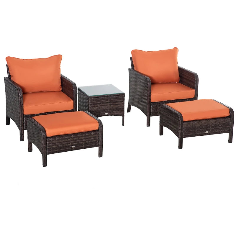 Brown 5 Piece Rattan Set With 2 Armchairs, 2 Stool and Glass Top Table - Orange Cushions