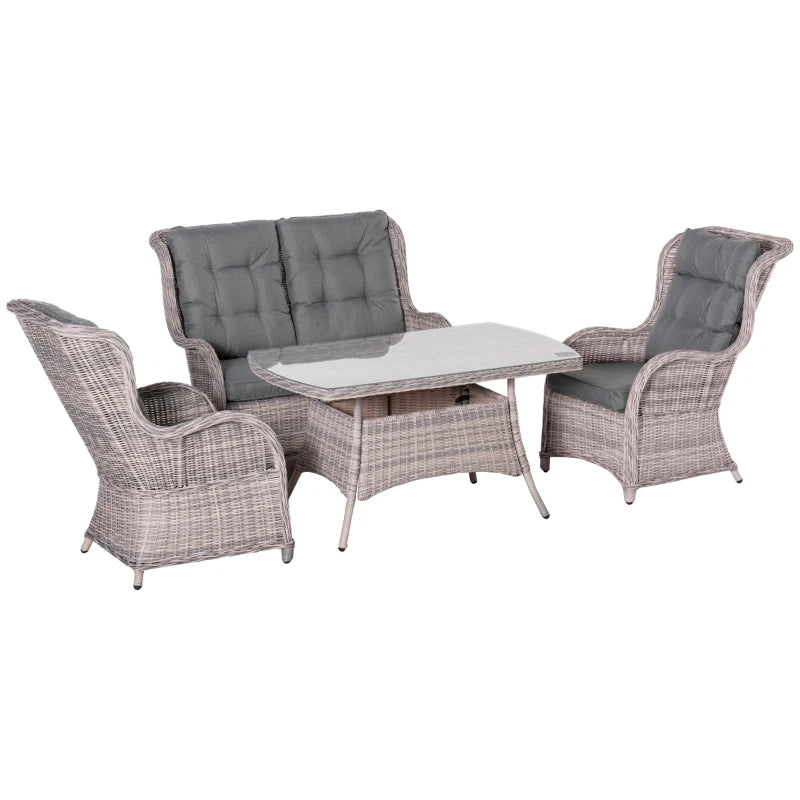 Grey 4 Seater Wicker Furniture Set - High Back Chairs with Cushions, Tempered Glass Coffee Table