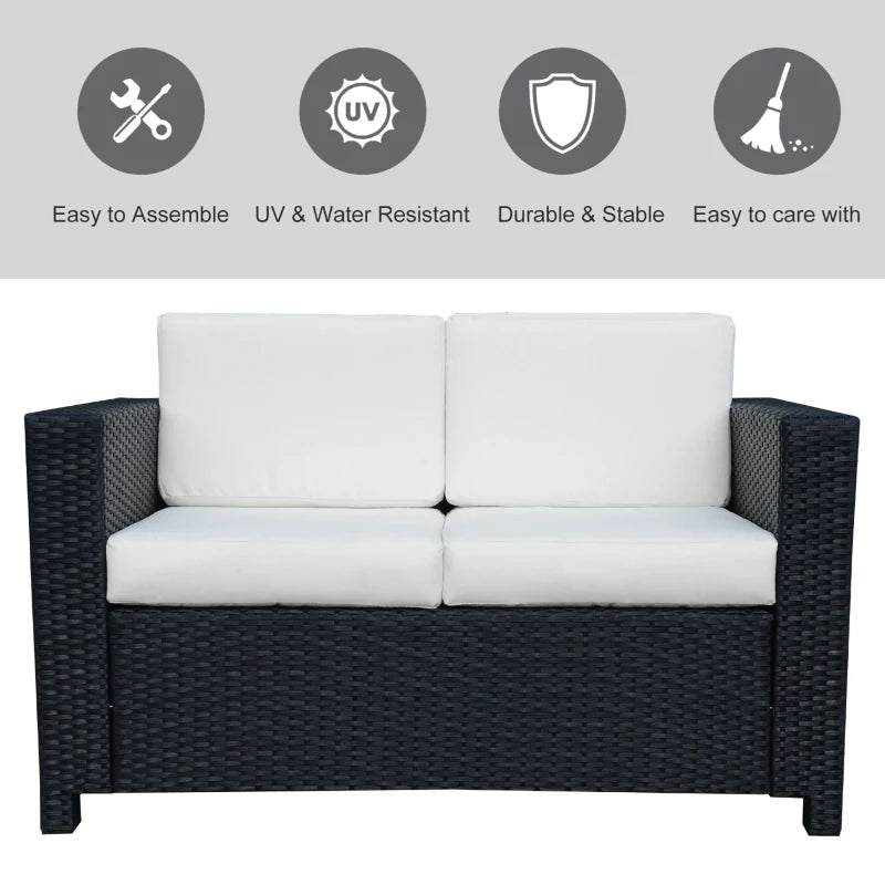 Black 2 Seater Rattan Sofa with Soft Padded White Cushions