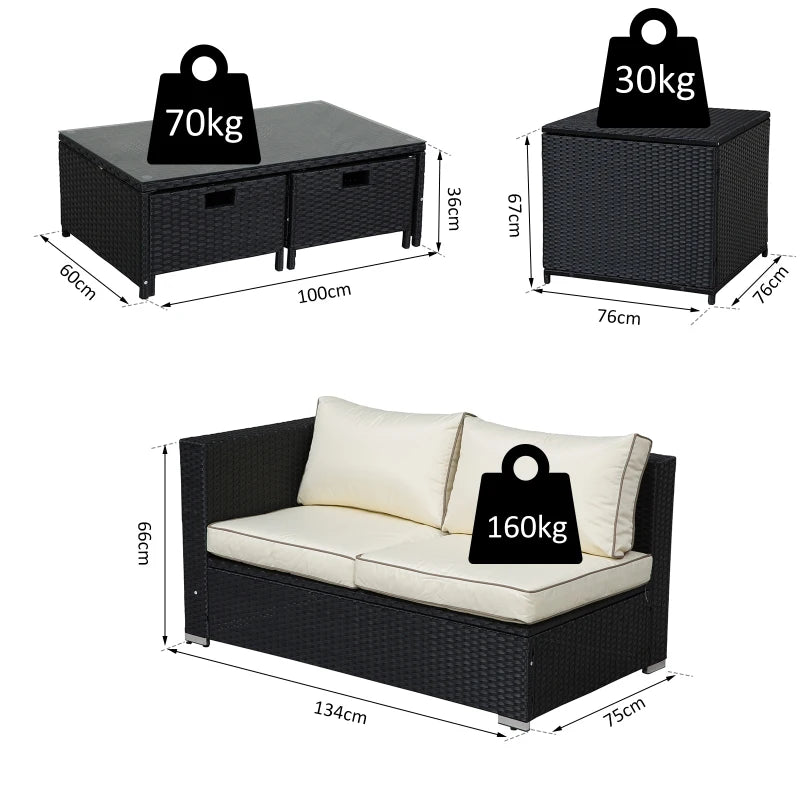 4 Seater Black Wicker Sofas With Cream Cushions, Glass Top Table and Storage Unit