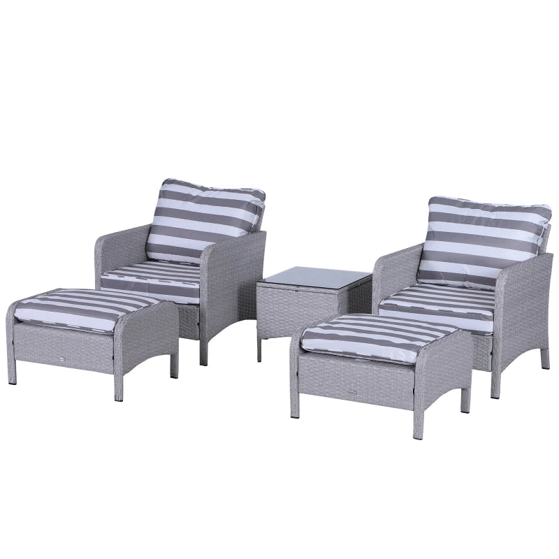 Dark Grey 5 Piece Rattan Set With 2 Armchairs, 2 Stool and Glass Top Table - Striped White & Grey Cushions