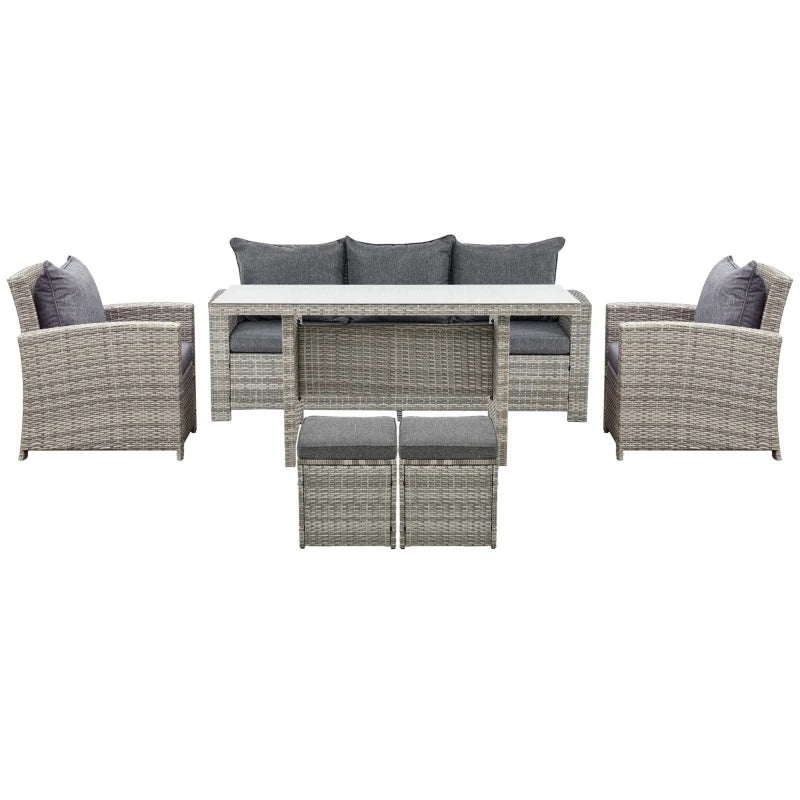 Rattan Garden Furniture Set with Three-seats, Armchairs, Footstools and Glass Top Dining Table