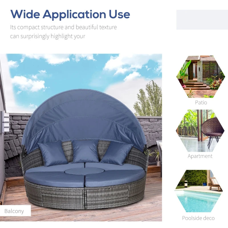 Grey Rattan Round Sofa Bed with Cushions and Retractable Canopy