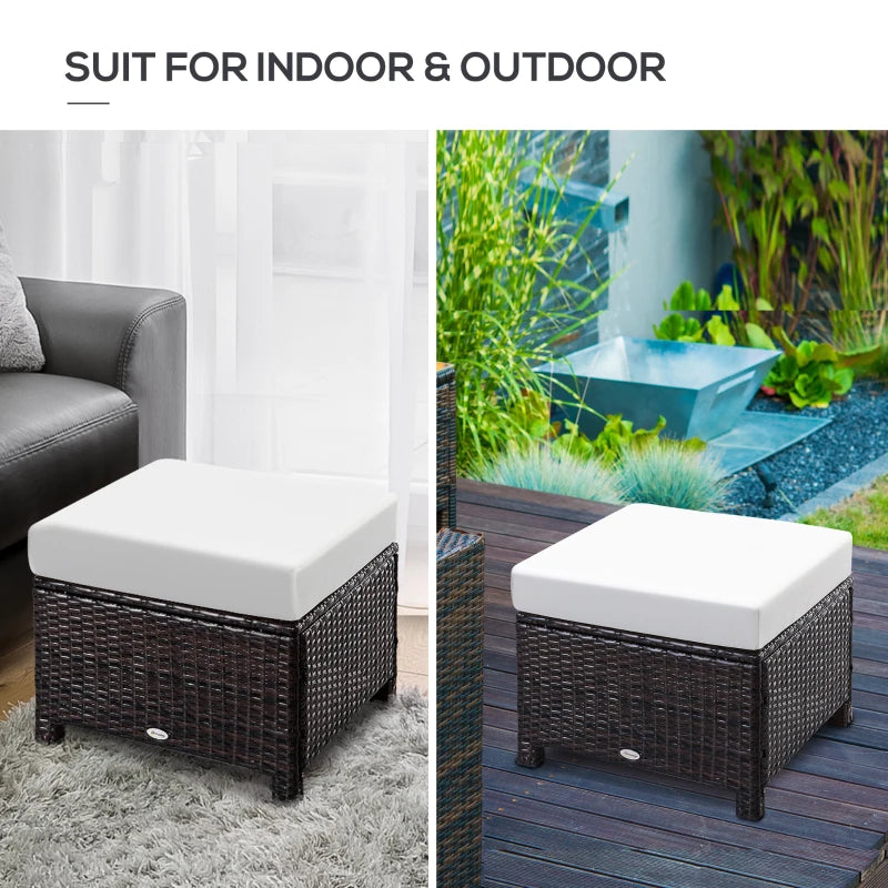 Dark Brown Rattan Footstool With Padded Cream Cushion 50 x 50 x 35 cm Trade Warehouse