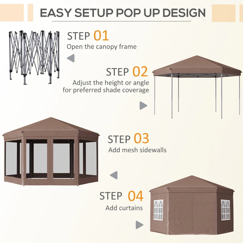 Brown Hexagonal Pop up Gazebo with Storage Bag