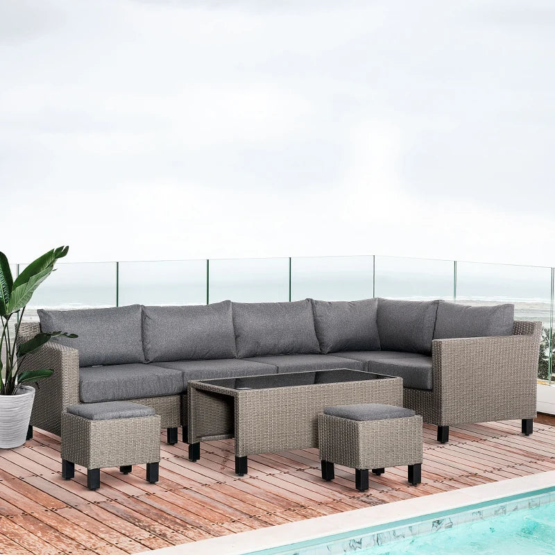 8 Piece Grey Rattan Sofa Set With Tempered Glass Coffee Table & Cushions