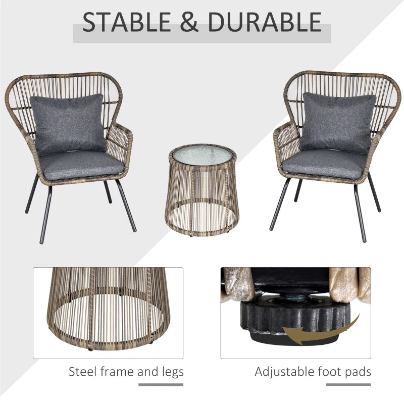 Grey 3 Rattan Dining Set - 2 with Chairs and Glass Coffee Table