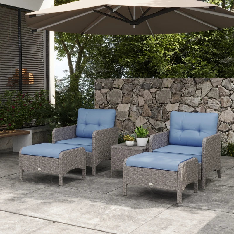Blue 5 Piece Rattan Chair Set - 2 Armchairs & 2 Stools With Glass Top Table