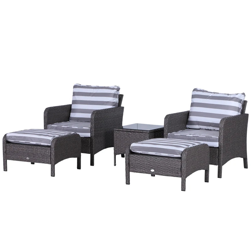 Dark Grey 5 Piece Rattan Set With 2 Armchairs, 2 Stool and Glass Top Table - Striped Grey Cushions