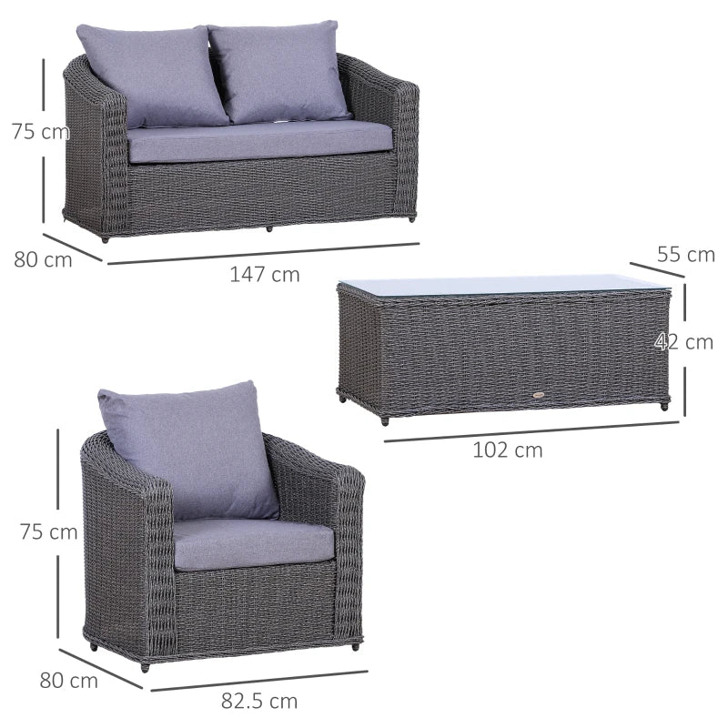 Grey Round Rattan Garden Furniture Set with Armchair, Loveseat & Glass Top Coffee Table