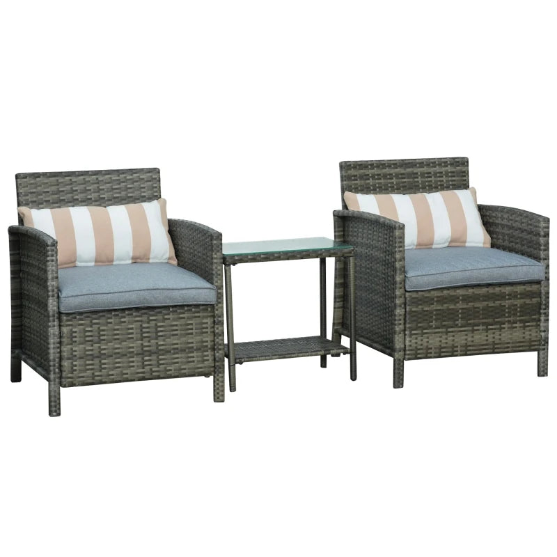 Grey Rattan Bistro Set With Blue Cushions and Striped Pillows, Plus Glass Top Table