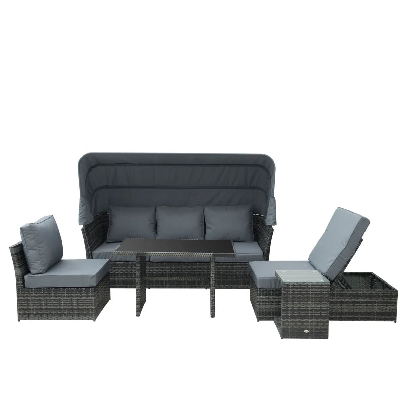 Grey 5 Piece Rattan Furniture Set With Reclining Sofa & Dining Table Set