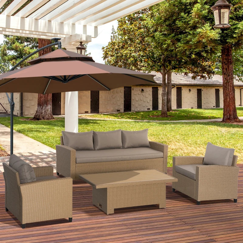 Light Brown 4 Piece Rattan Furniture Set With Adjustable Table & Thick Cushions