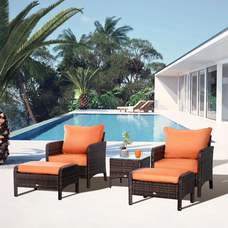 Brown 5 Piece Rattan Set With 2 Armchairs, 2 Stool and Glass Top Table - Orange Cushions