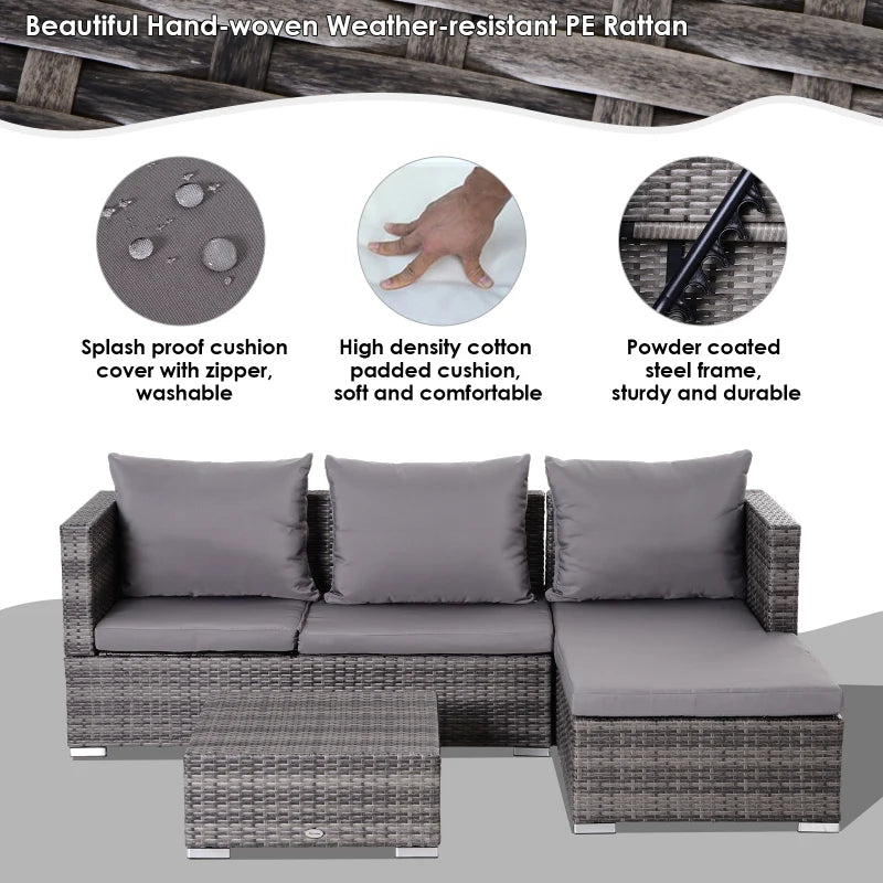 Grey 3-Piece Rattan Sofa Set with Cushions