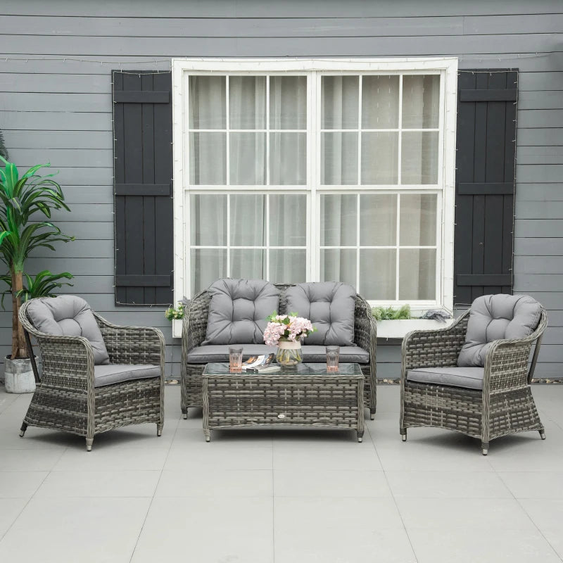 4 Pieces Outdoor PE Rattan Sofa Set with Glass Top Coffee Table, Mixed Grey