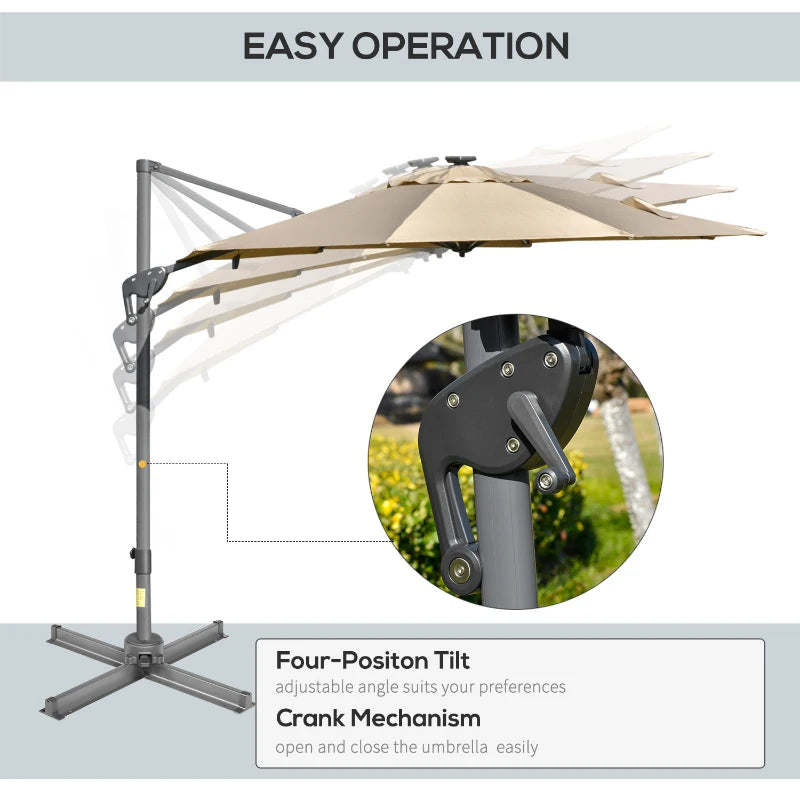 Khaki 3m Adjustable Parasol With LED Solar Lights