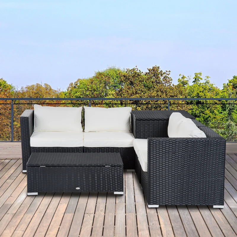 Black 4 Seater rattan Sofa With Cream Cushions And Storage Coffee Table