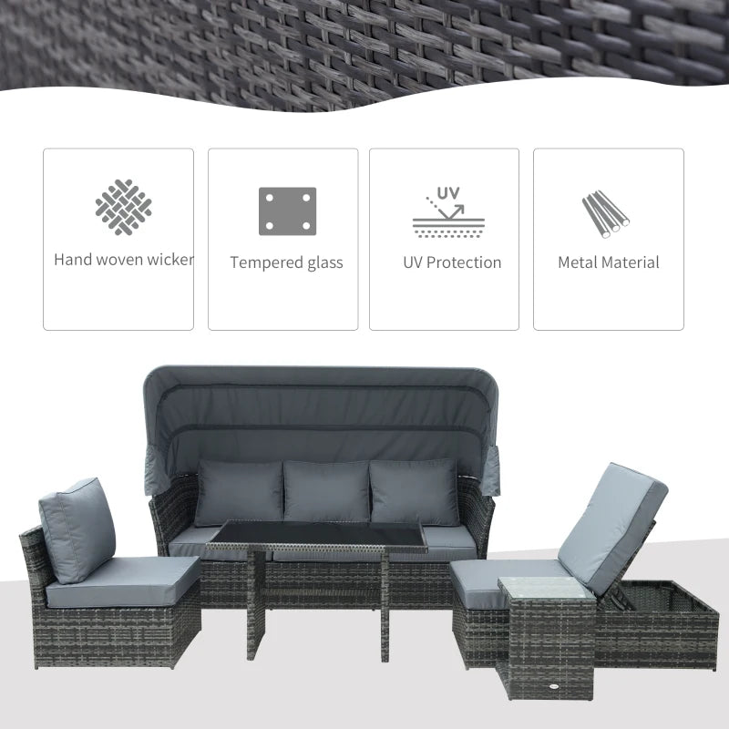 Grey 5 Piece Rattan Furniture Set With Reclining Sofa & Dining Table Set
