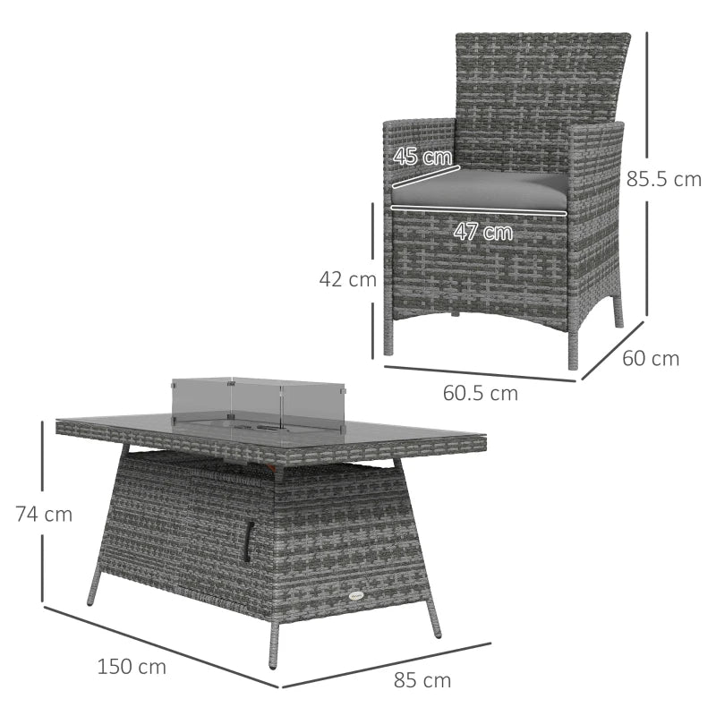 Grey 7 Piece Rattan Dining Set with Fire Pit Table, Armchairs and Cushions