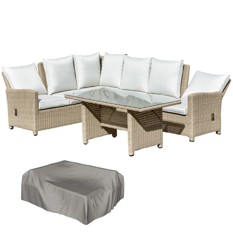 Light Brown 6-Seater Reclining Rattan Dining Set With Glass Table & Olefin Cushions