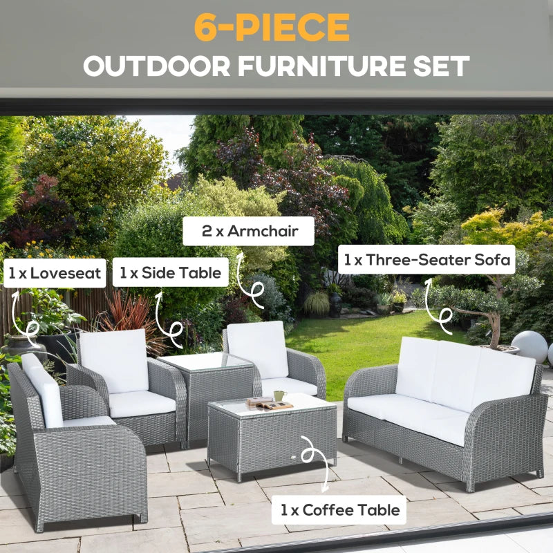 Grey 7 Seater Rattan Furniture Set with Wicker Sofa, Reclining Armchair and Glass Table