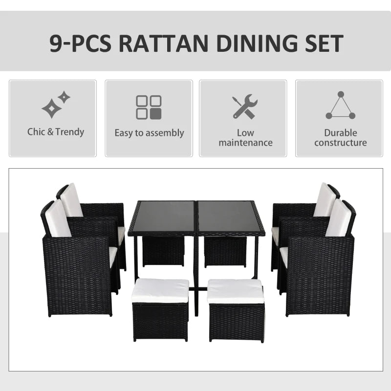 Black 9 Piece Rattan Dining Set With Glass Top Table & White Cushions