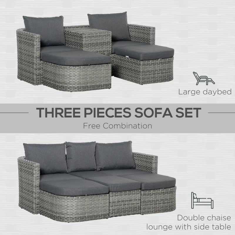 Mixed Grey 3 Piece Rattan Furniture Set with Double Chaise Lounge and Convertible Middle Table