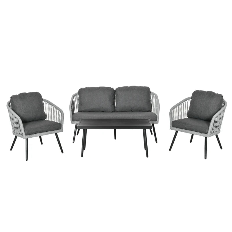 Grey Wicker Furniture Set with 2 Single Cushioned Sofas, 1 Loveseat and 1 Coffee Table