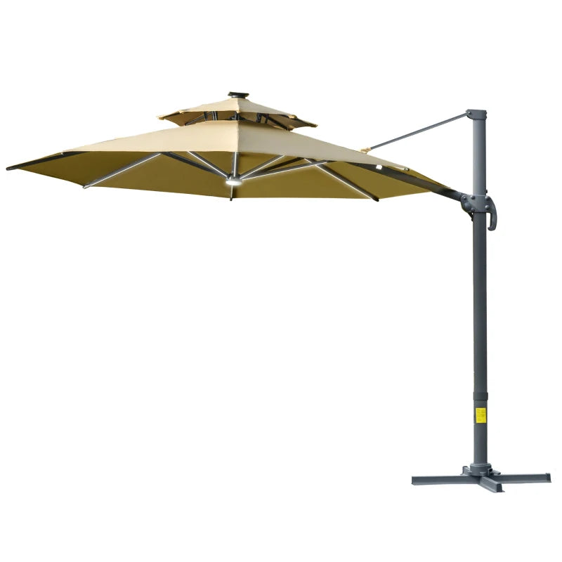 2.8H x 3.3m Khaki Cantilever Parasol With Solar Lights - 360° Rotation