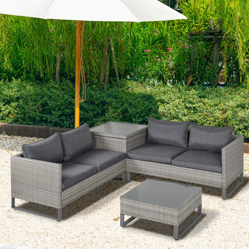 Grey 4 Rattan Wicker Sofa Set With Coffee Table, Side Storage Box & Cushions