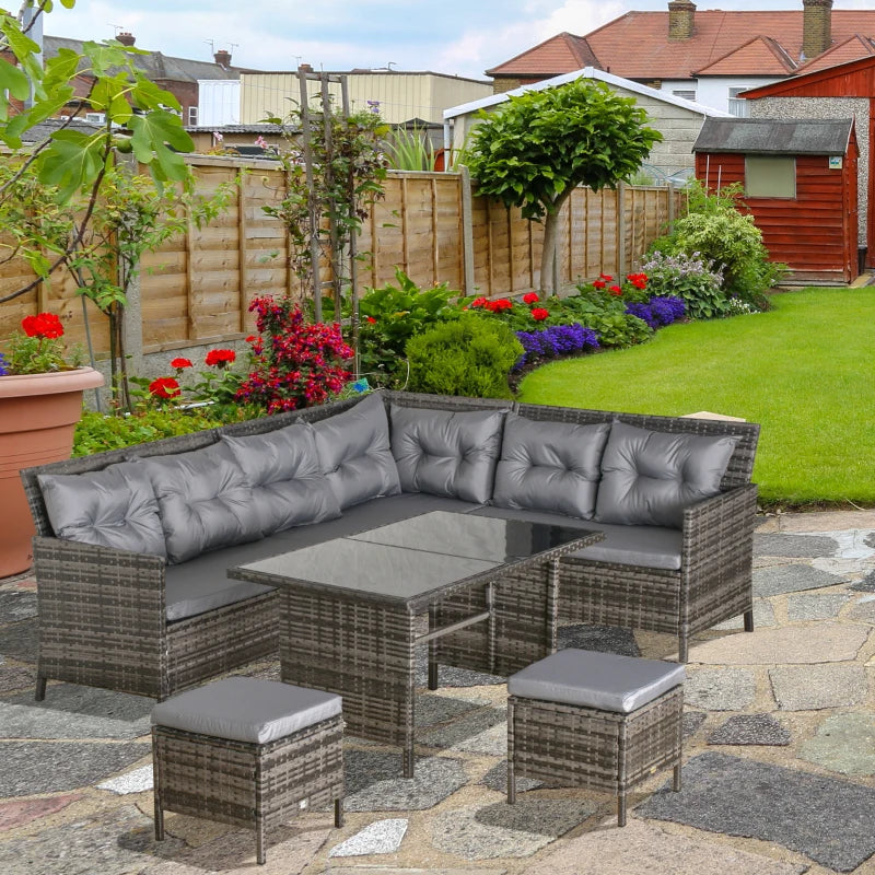Mixed Grey 8-Seater Wicker Sofa Set With Glass Table & Cushions