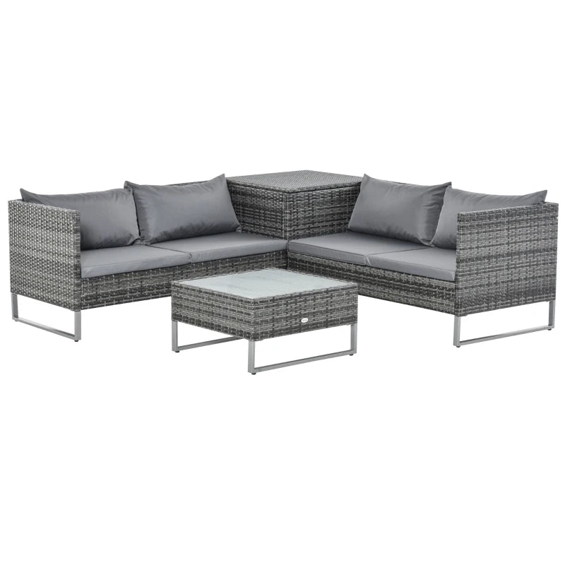 x2 Mixed Grey Rattan Sofas With Grey Cushions and Table Set with Side Desk Storage