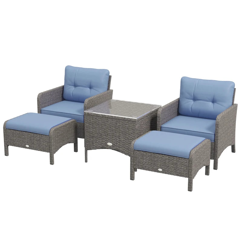 Blue 5 Piece Rattan Chair Set - 2 Armchairs & 2 Stools With Glass Top Table