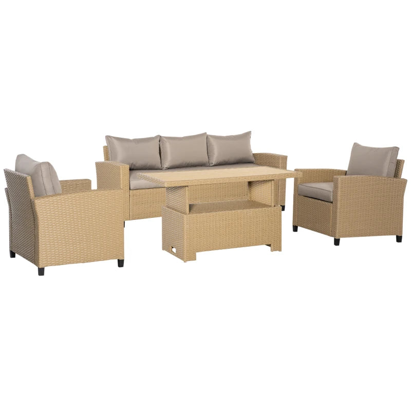 Light Brown 4 Piece Rattan Furniture Set With Adjustable Table & Thick Cushions