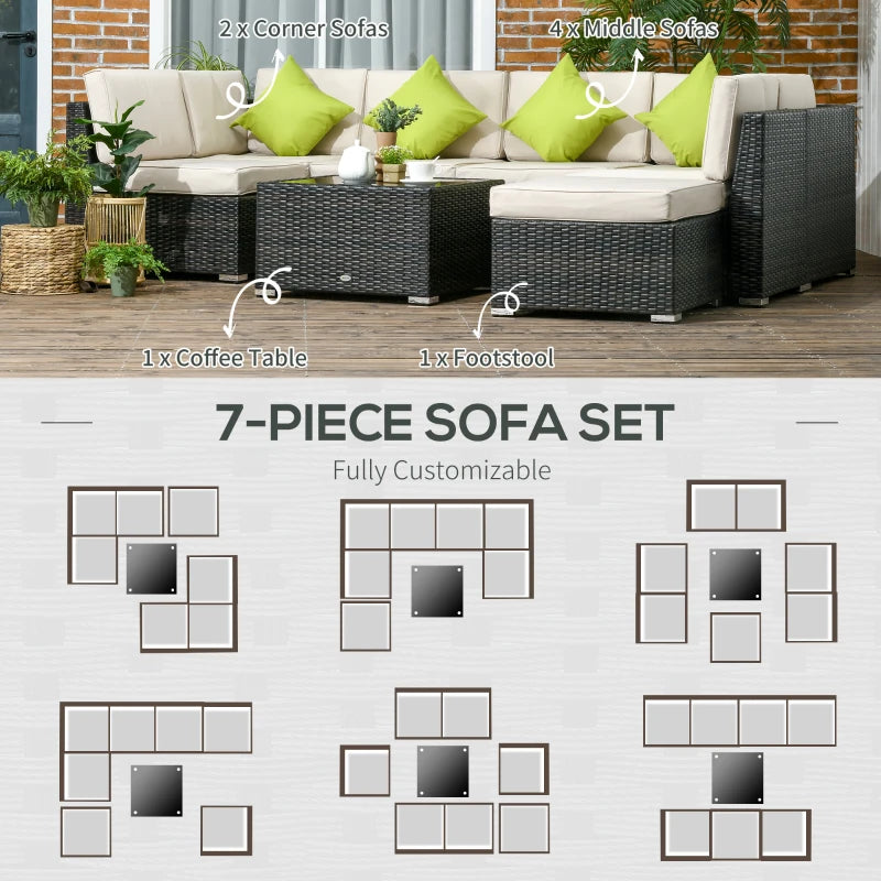 Brown 7-Seater Rattan Corner Sofa Set, Garden Furniture Set & Tempered Glass Table