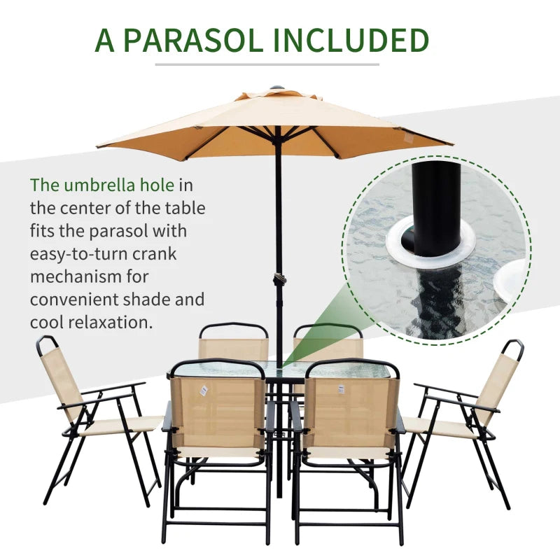 8 Piece Metal Dining Set With Beige Parasol