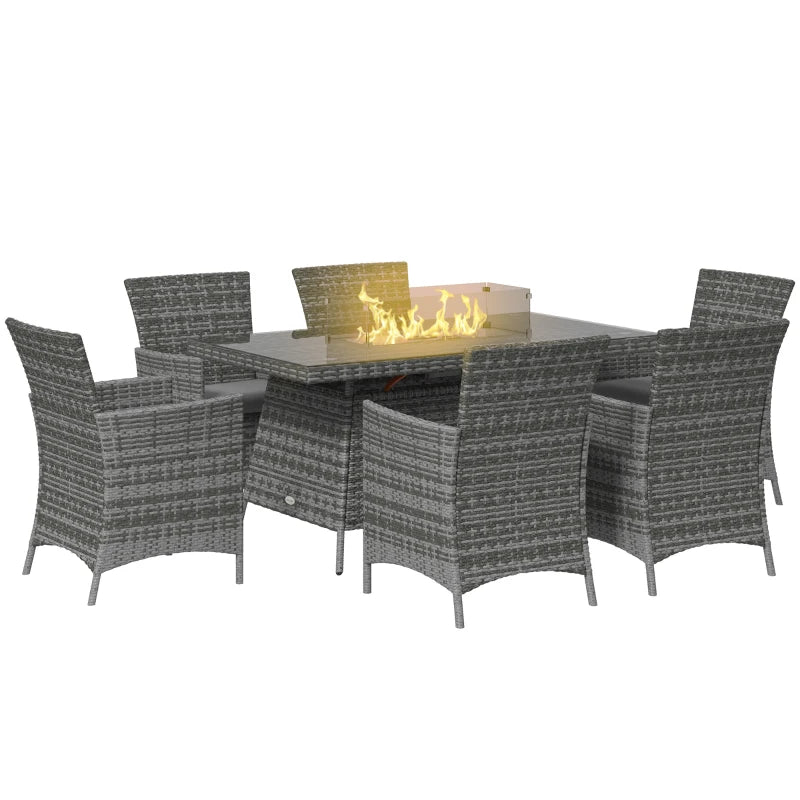 Grey 7 Piece Rattan Dining Set with Fire Pit Table, Armchairs and Cushions