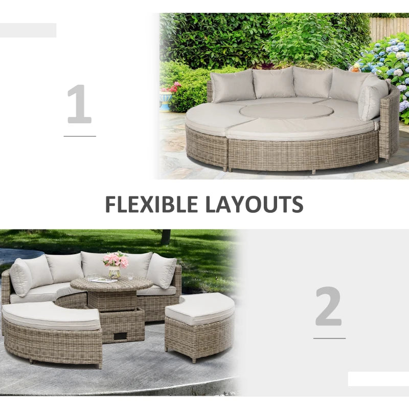Grey 5 Piece Rattan Daybed with Cushions & Liftable Coffee Table + Protective Cover