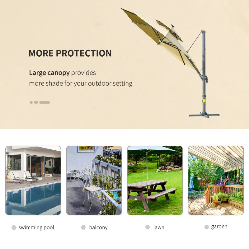 2.8H x 3.3m Khaki Cantilever Parasol With Solar Lights - 360° Rotation